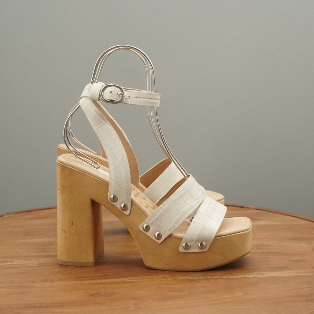 Sam Edelman Womens Rosalind Sandals Platform Wood White Leather Embossed 8M